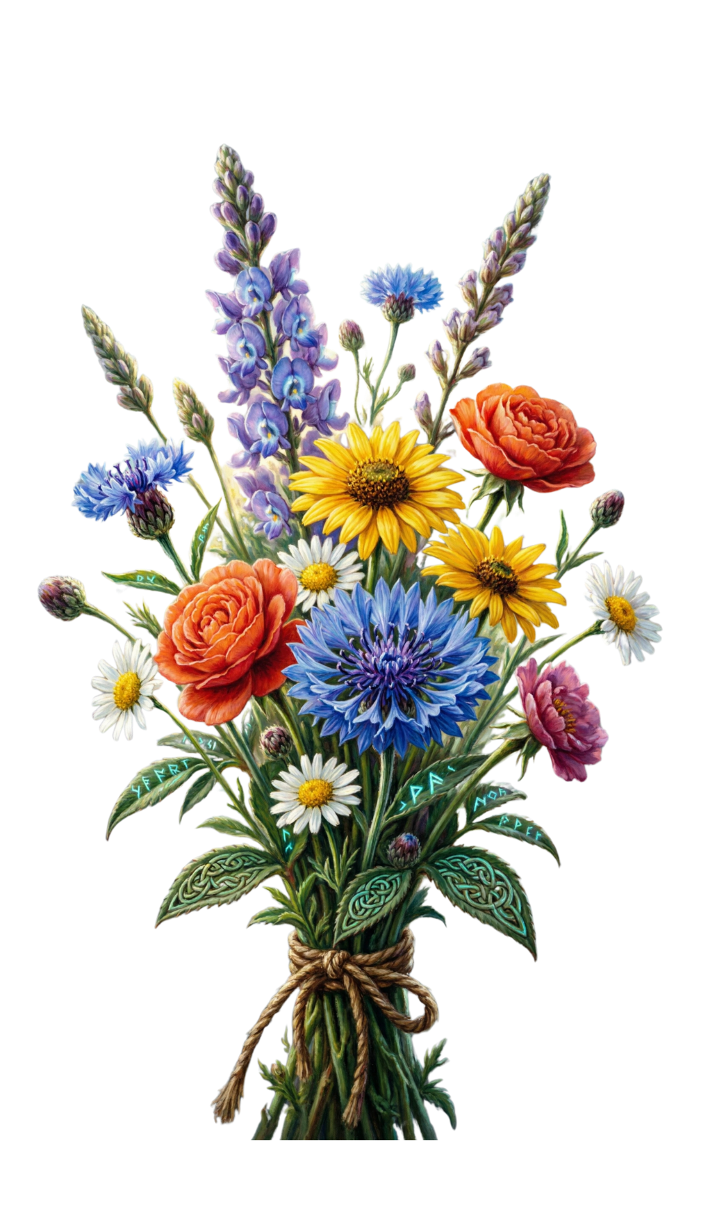 Bouquet of mixed flowers tied with twine, including sunflowers, blue delphiniums, lavender spikes, orange ranunculus and white daisies