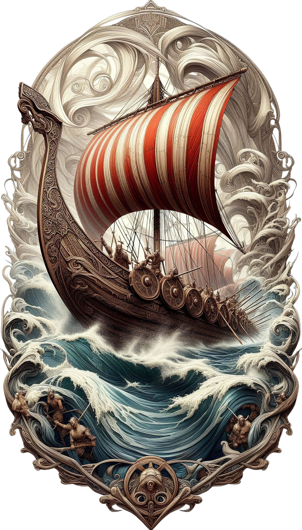 Ornate fantasy illustration of a Viking longship with a red striped sail navigating towering waves, framed by intricate carvings.