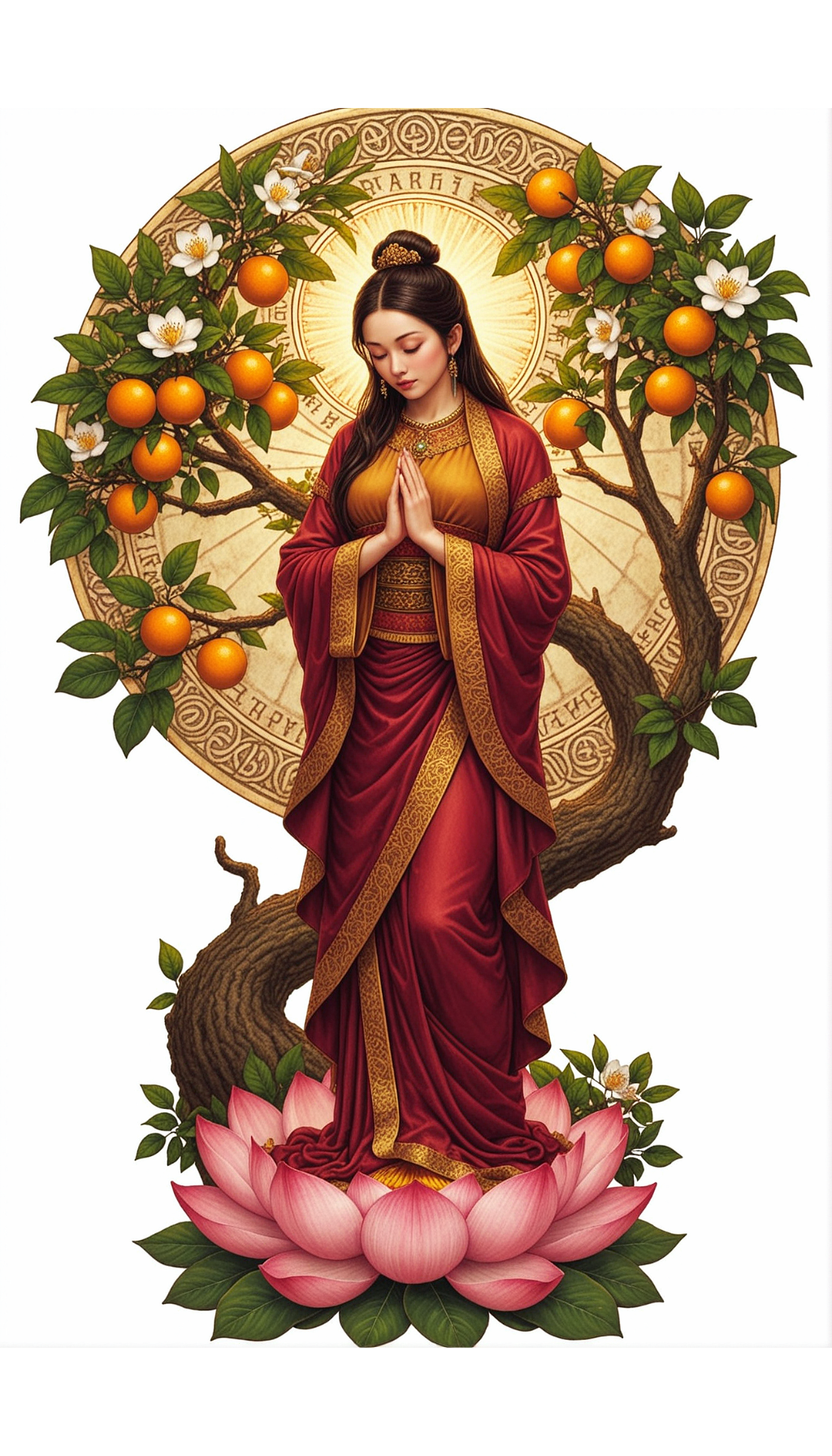 Woman in a red ceremonial robe stands on a pink lotus with hands in prayer, orange trees and a golden halo behind her.