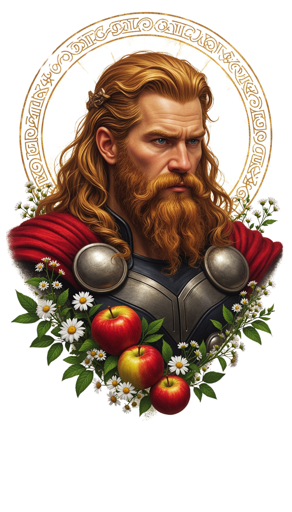 Thor-inspired warrior portrait with long blond hair and beard, armored chest, red cape, and a gold ornamental halo surrounded by daisies and apples