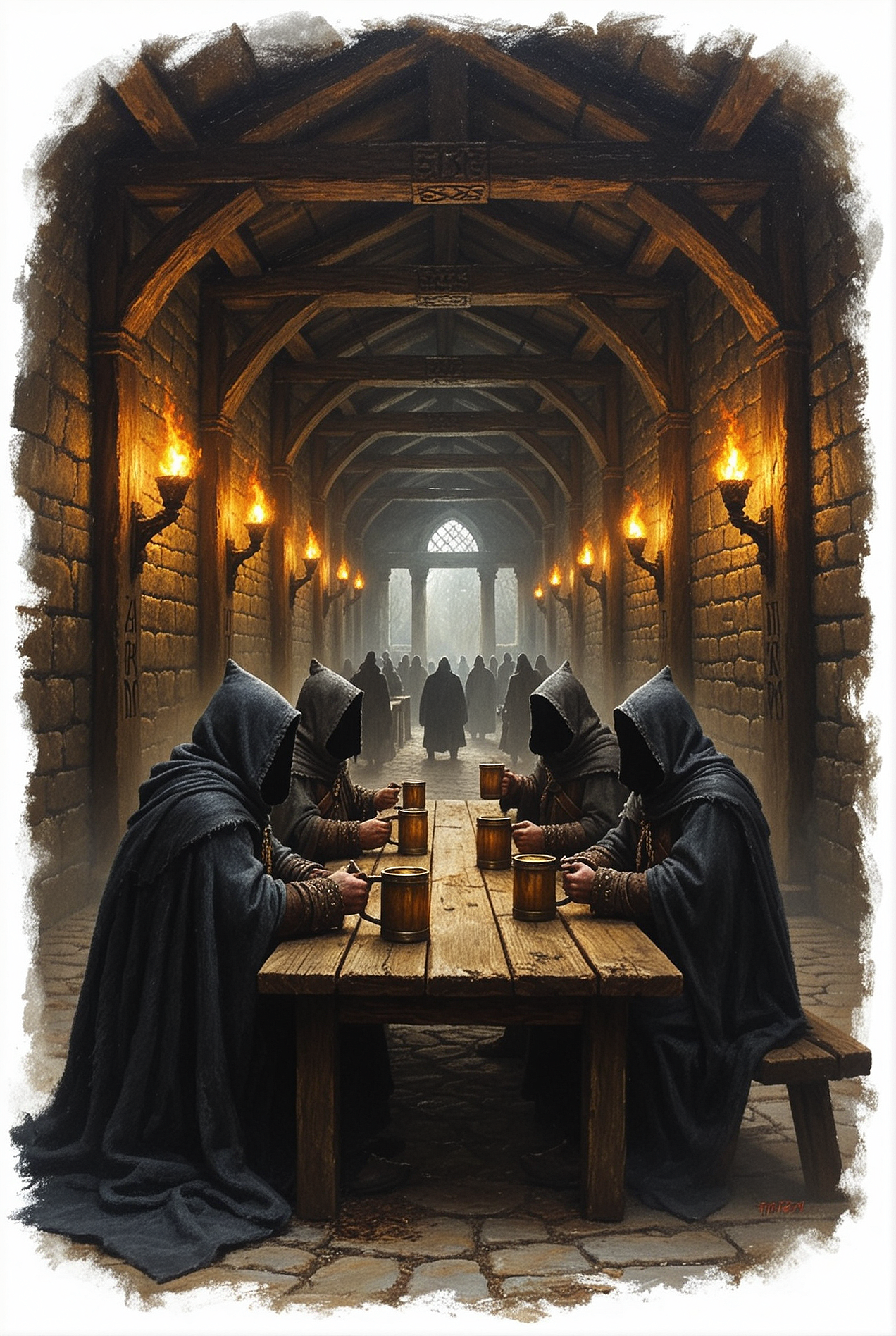Hooded figures in cloaks sit at a long wooden table in a lit stone hall, drinking mugs. The scene has torches along the walls and others in the background for atmosphere, suggesting a medieval tavern or gathering.