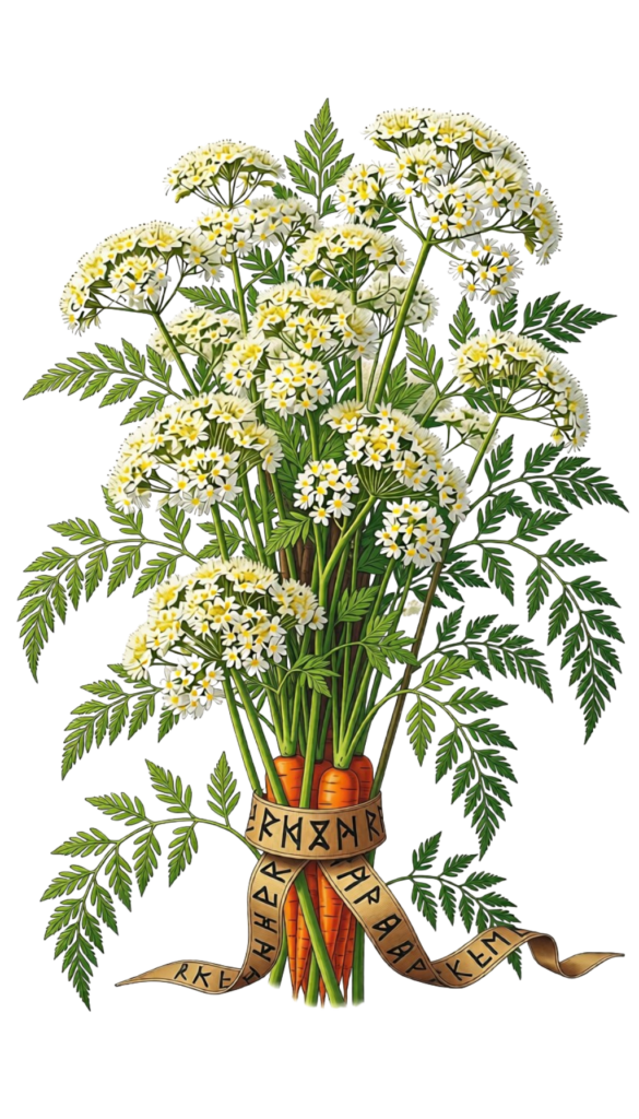 Bouquet of white yarrow flowers with feathery green leaves, tied with a ribbon engraved with runes.