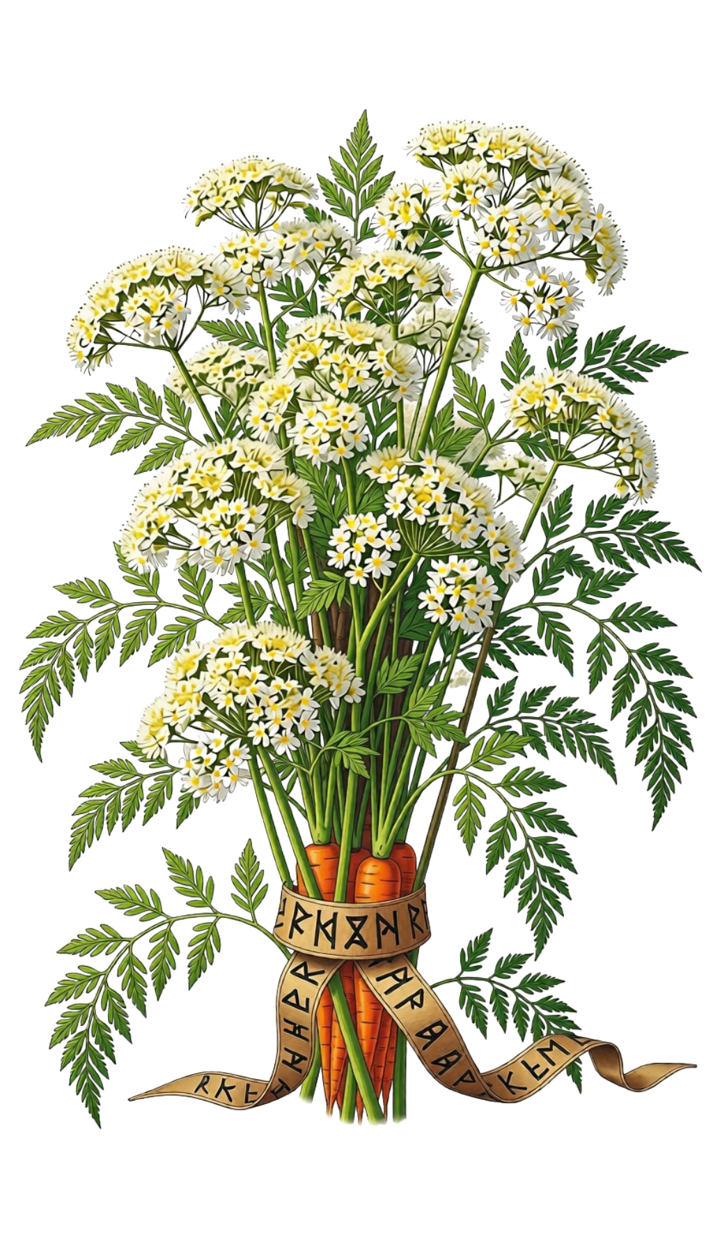Bouquet of white yarrow flowers with feathery green leaves, tied with a ribbon engraved with runes.