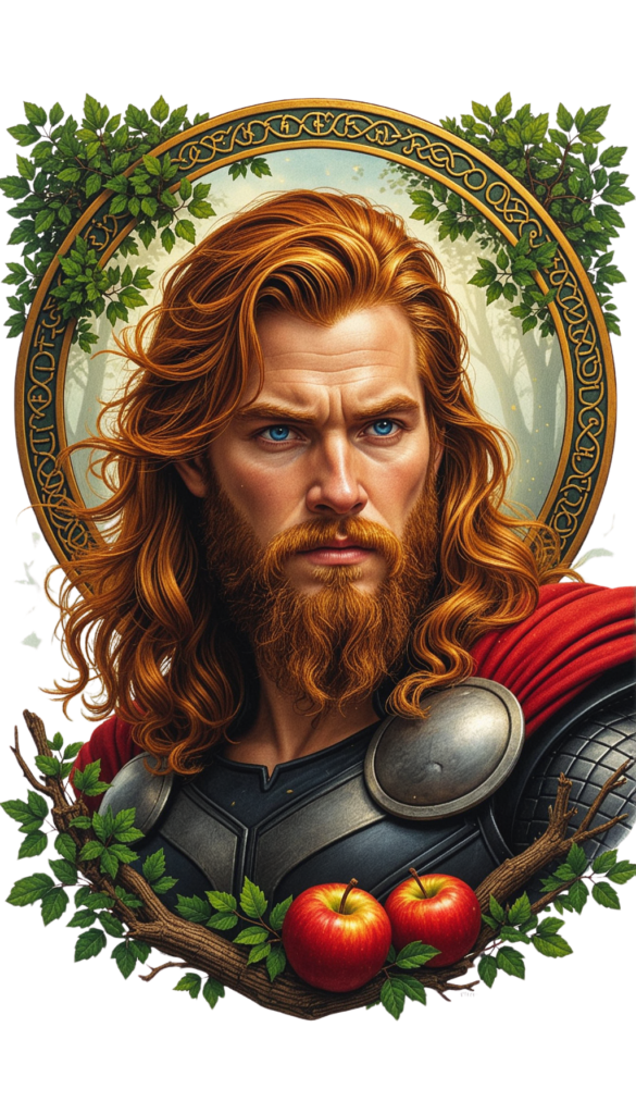 Stylized illustration of a heroic man with long red hair and beard in black armor with a red cape, framed by a circular ornate border and ivy leaves, with apples on a branch below.