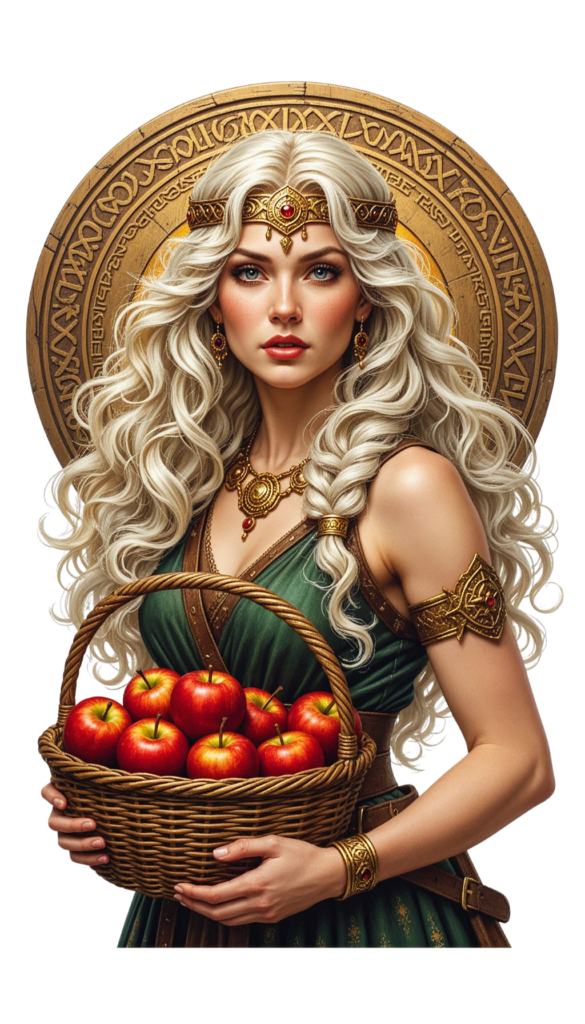 Fantasy queen with silver hair and a gold crown, holding a basket of red apples before a decorative round shield.