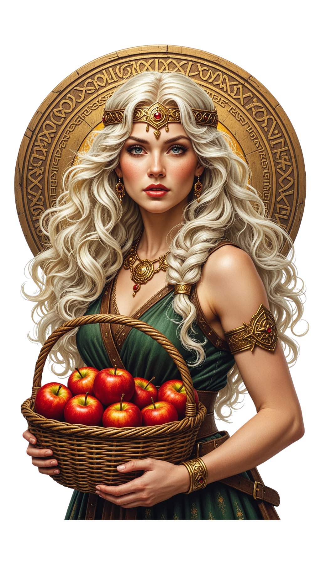 Fantasy queen with silver hair and a gold crown, holding a basket of red apples before a decorative round shield.