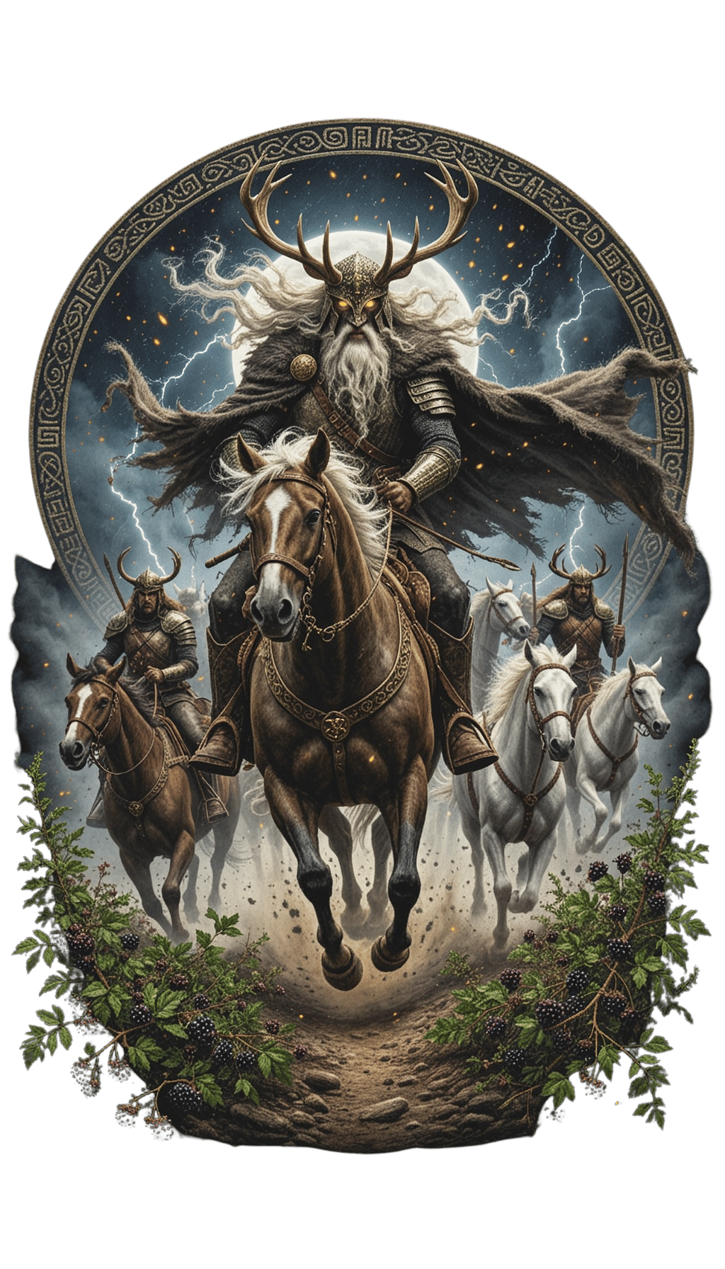 Central horned warrior in armor rides a spiraling horse, leading other riders through a moonlit, misty scene with berry bushes in the foreground.