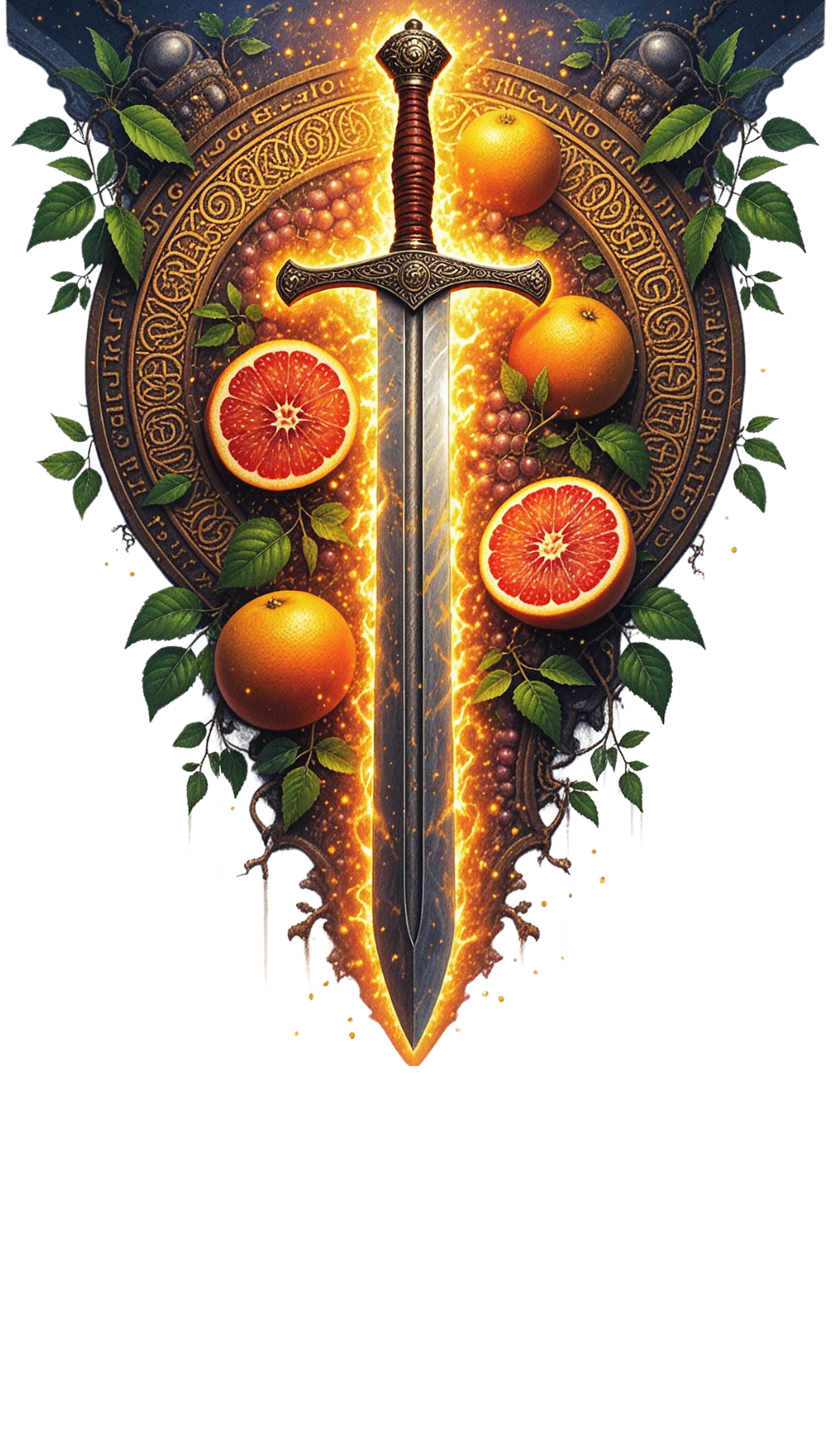 Fantasy queen with silver hair and a gold crown, holding a basket of red apples before a decorative round shield.