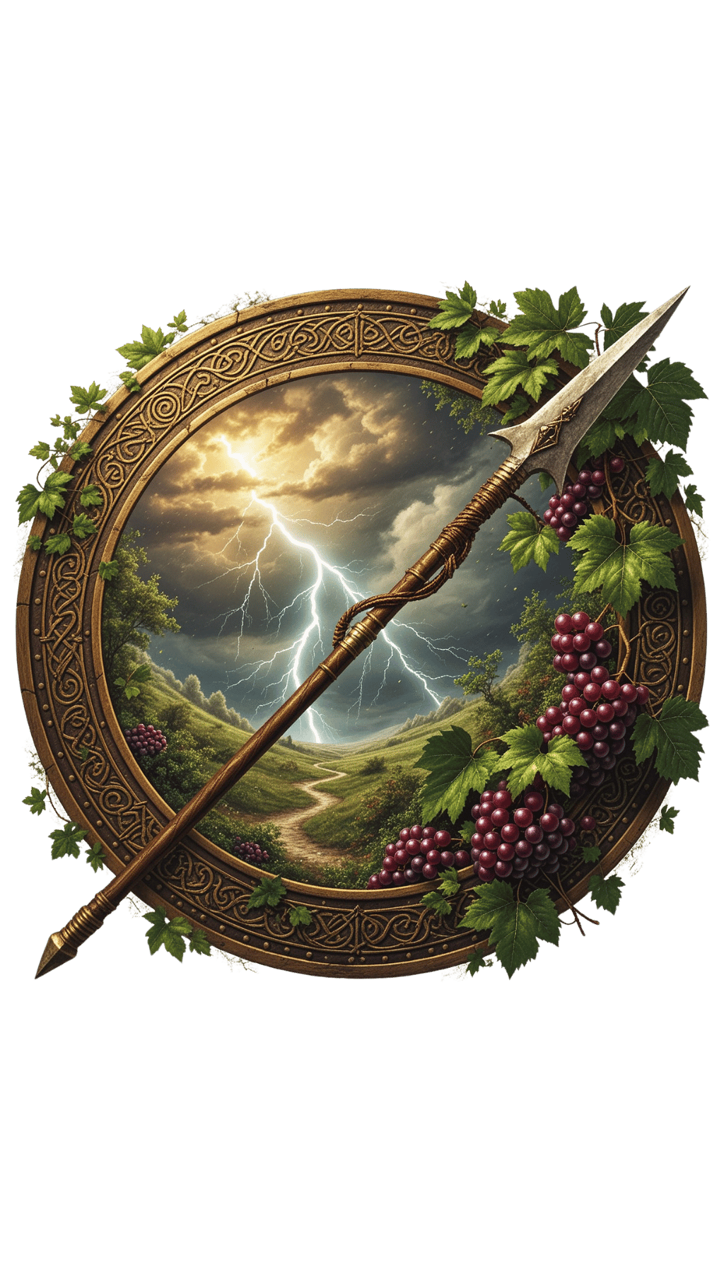Fantasy queen with silver hair and a gold crown, holding a basket of red apples before a decorative round shield.